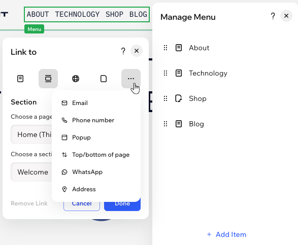 A site menu in Wix Harmony, Manage Menu panel and the Link panel, clicking the More Options icon to reveal more link options