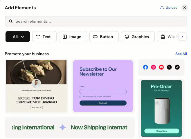 The main tab of the Add Elements panel in the Wix Harmony Editor
