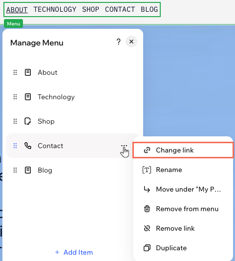 A site menu, the Manage Menu panel, clicking next to a menu item to change its link