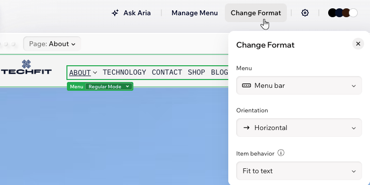 A site menu in the Wix Harmony Editor and the Change Format panel, showing the available options