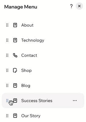 The Manage Menu panel in Wix Harmony, dragging items to nest them under a dropdown