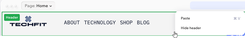 A site header in Wix Harmony and the right-click menu, showing the option to hide the header