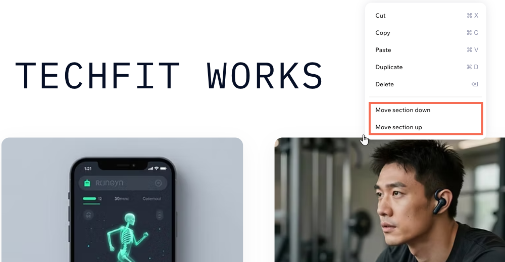 A page section in the Wix Harmony Editor and the right-click menu, showing the option to move the section up or down
