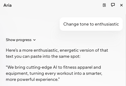 Um exemplo de chat com a Aria em que o texto é editado por IA para ser mais entusiasmado