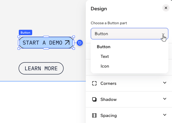 A button in the Wix Harmony Editor and the design panel, clicking to reveal the dropdown where you choose the part to design