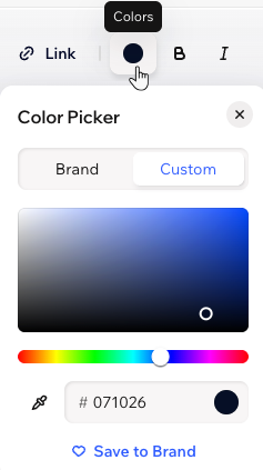 The Custom tab in the Color Picker in the Wix Harmony Editor