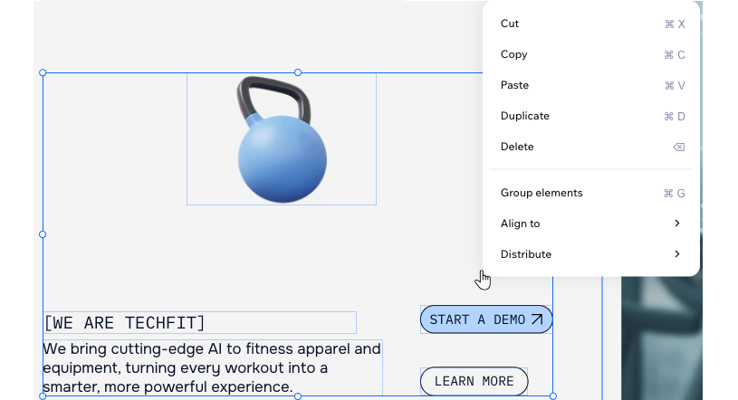 В редакторе выбрана группа элементов, и появилось контекстное меню со всеми доступными действиями