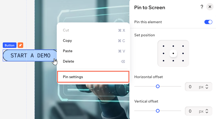 A pinned button in Wix Harmony and the right-click menu, showing the pin settings option and panel