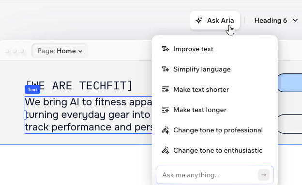 uma caixa de texto é selecionada no Editor do Wix Harmony, clicando em 'Perguntar à Aria' na barra de ação para surgir sugestões de prompt