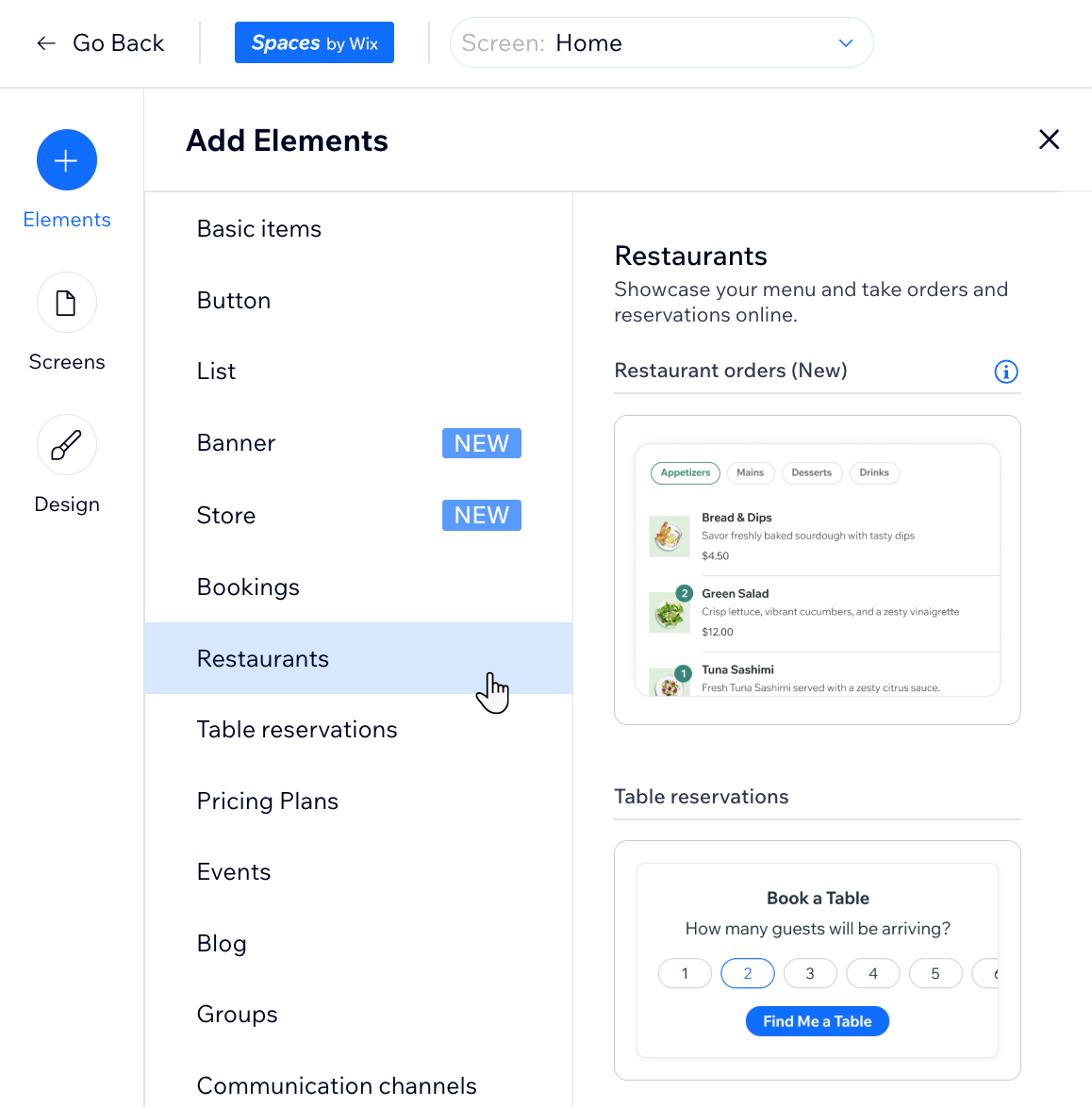 The Restaurants elements in the Add Elements panel when editing the mobile app from the Wix dashboard on desktop