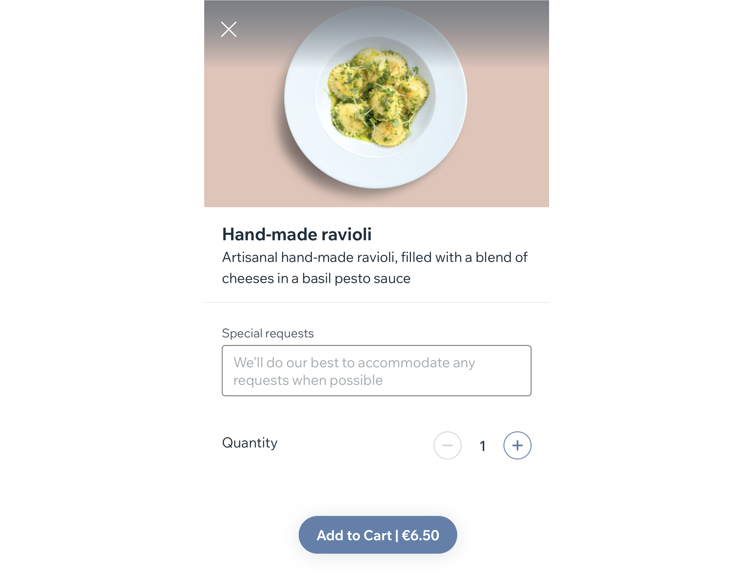 Adding a dish to an online order as a customer through the Wix mobile app