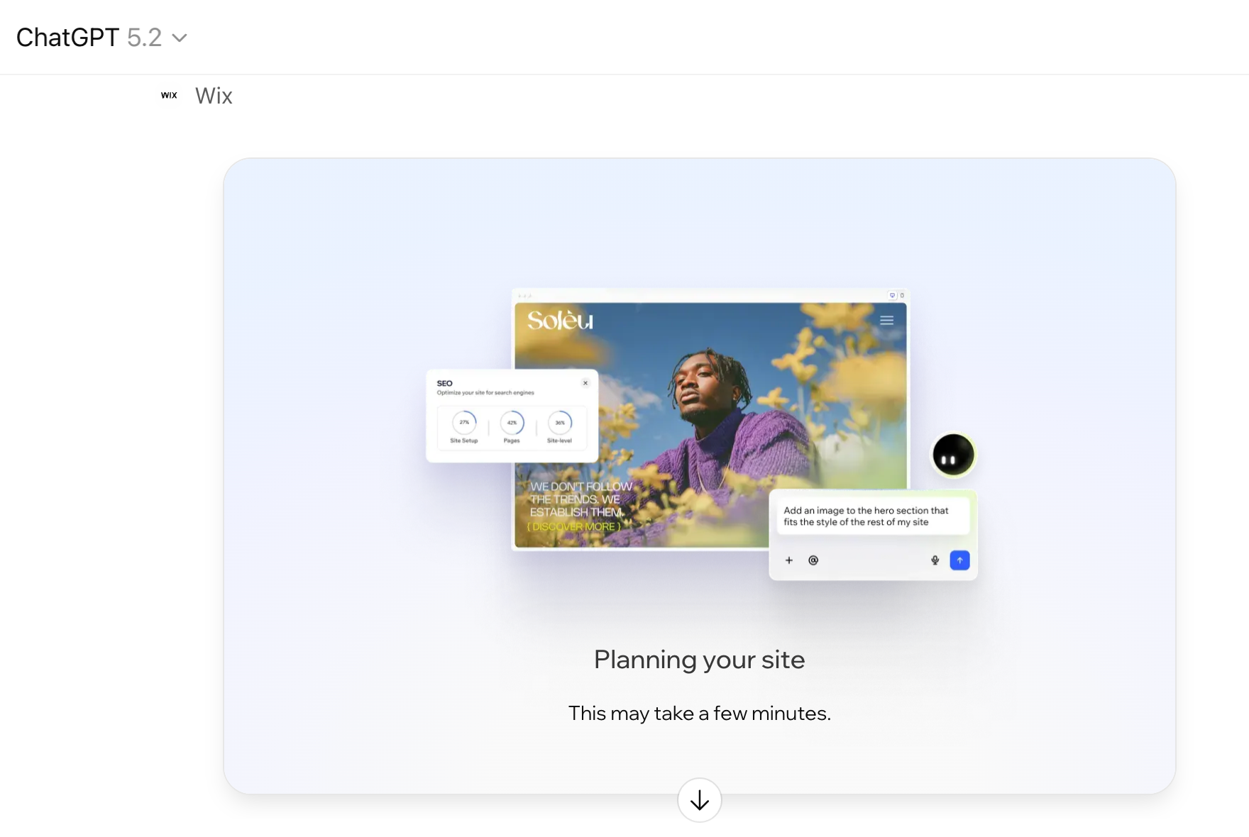A pop-up of the Wix app inside a ChatGPT conversation, while AI is planning the site