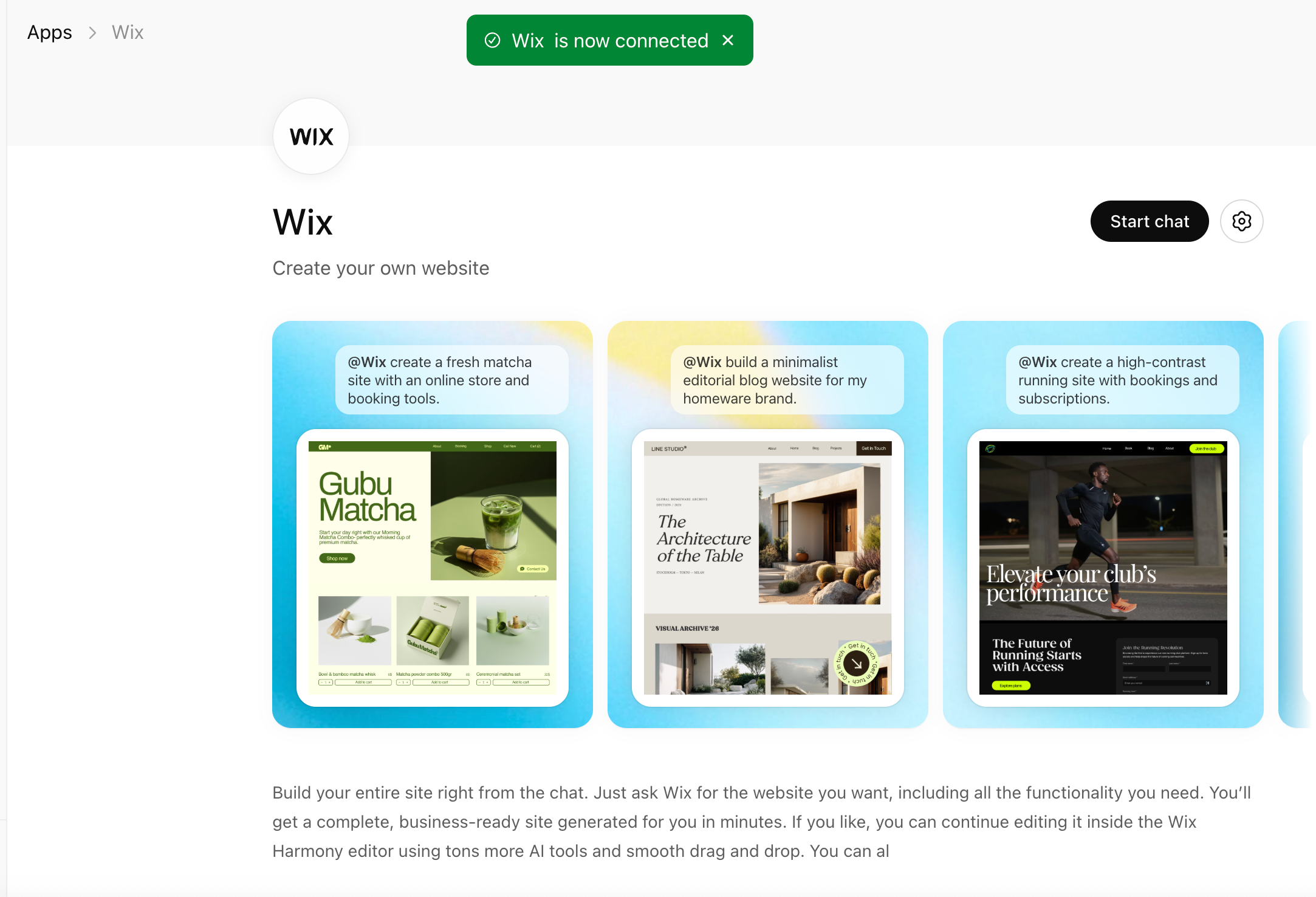 The Wix app page in the Apps panel in ChatGPT, right after connecting the app