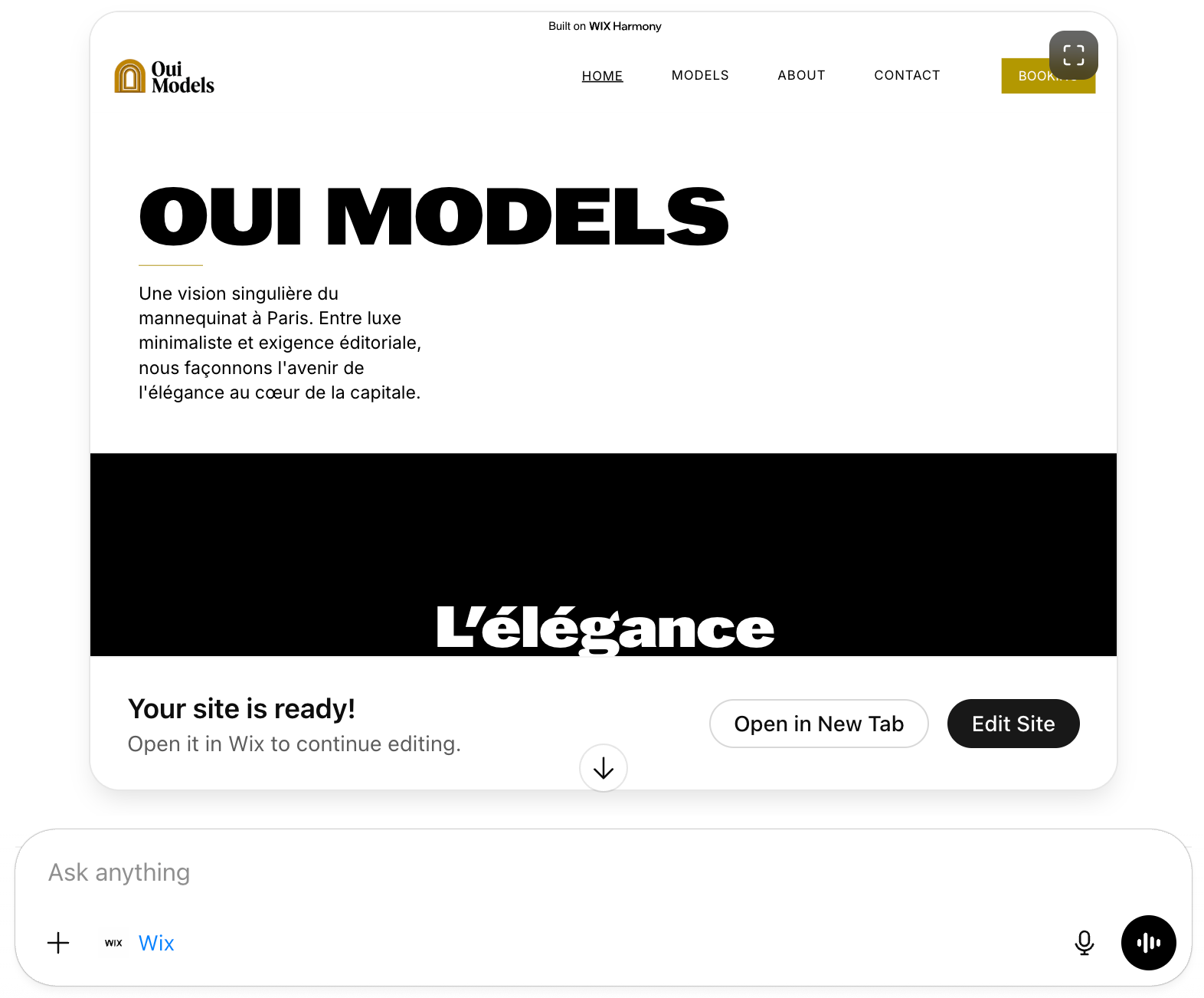 A message from ChatGPT after generating a Wix site, showing the site preview