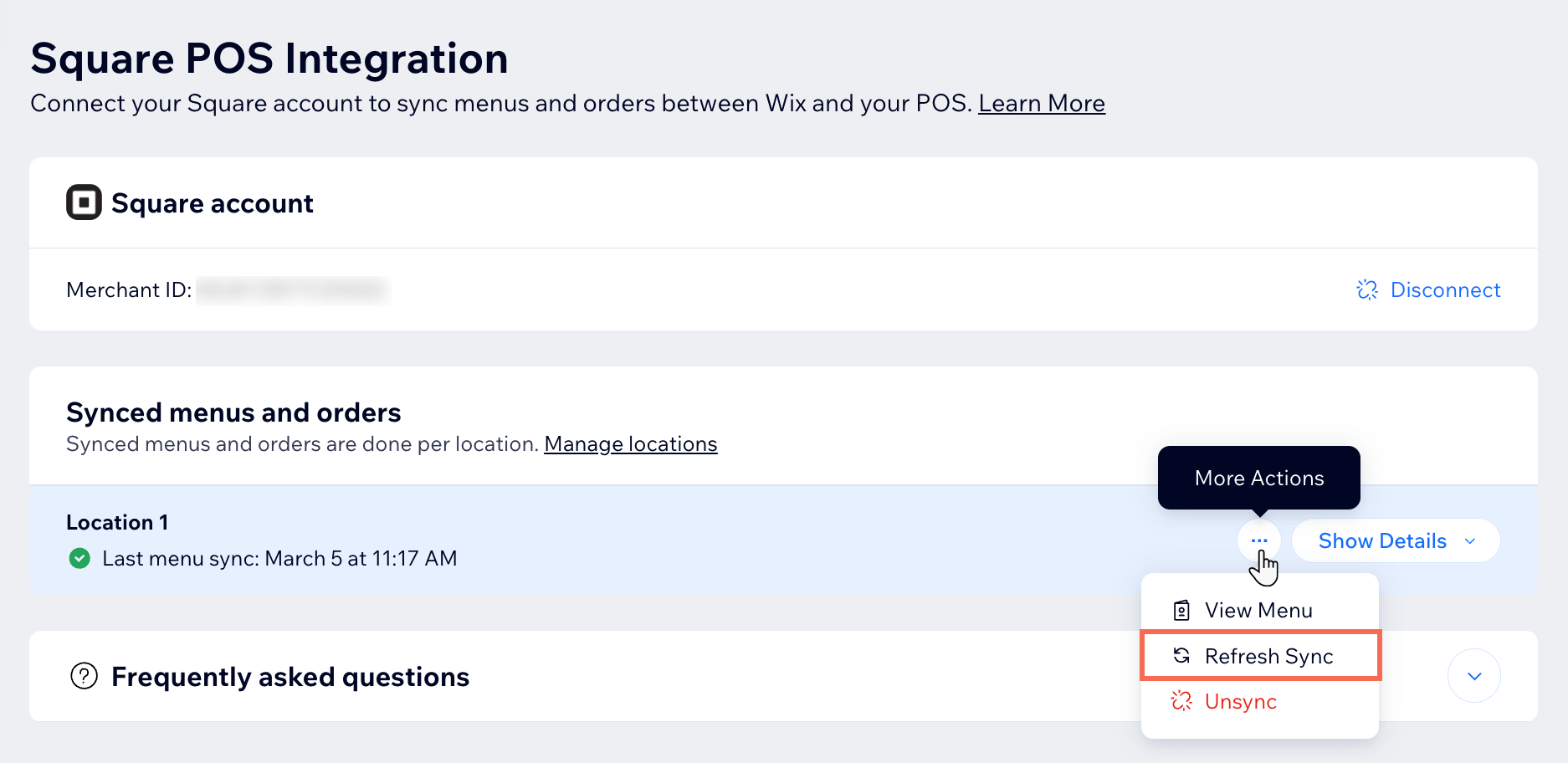Square POS Integration page in the Wix dashboard, clicking to refresh the sync between Square and Wix