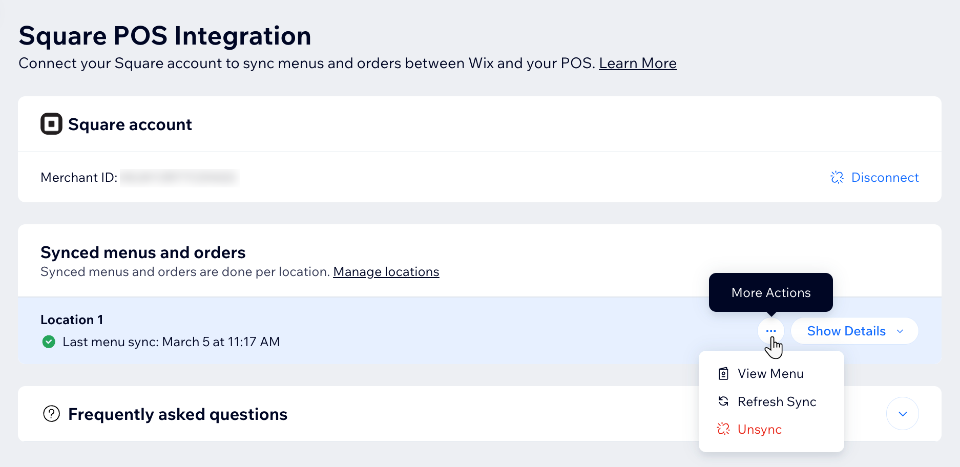 The Square POS Integration page in the Wix site dashboard, clicking to view the menu synced to location 1