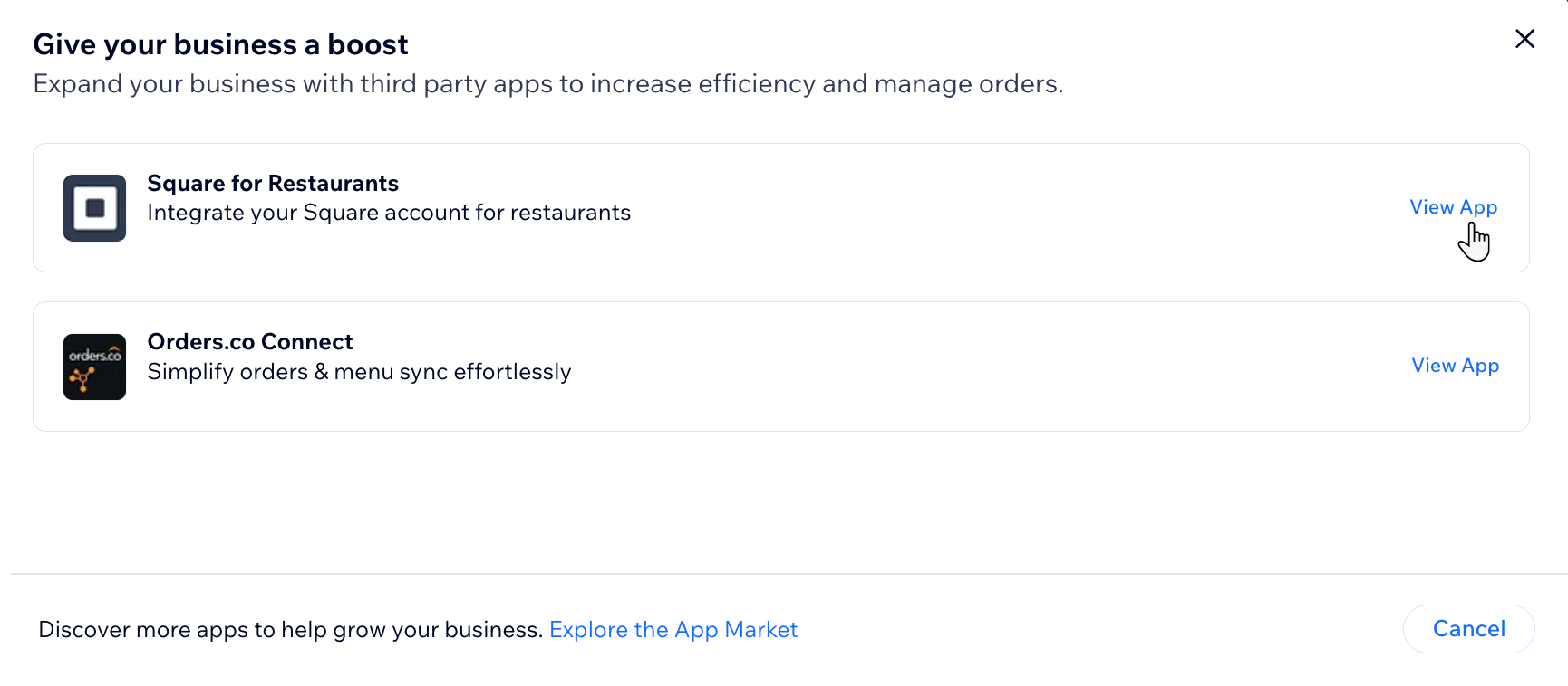 Wix Restaurants third party integration panel, clicking View App next to Square