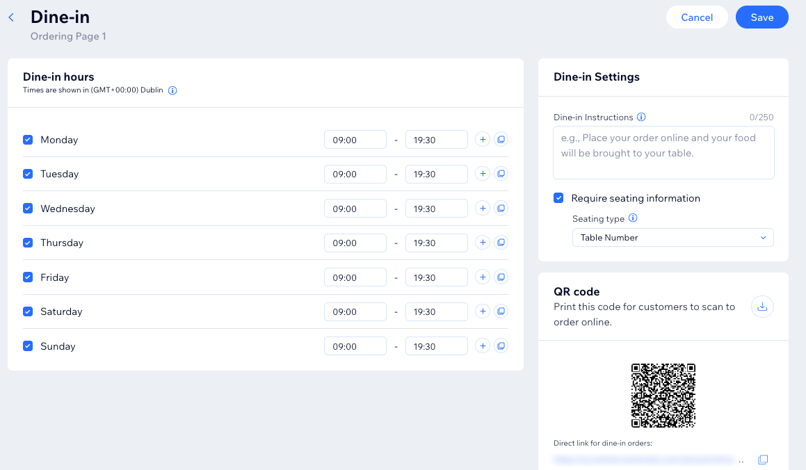The Dine-in settings page in the Wix dashboard