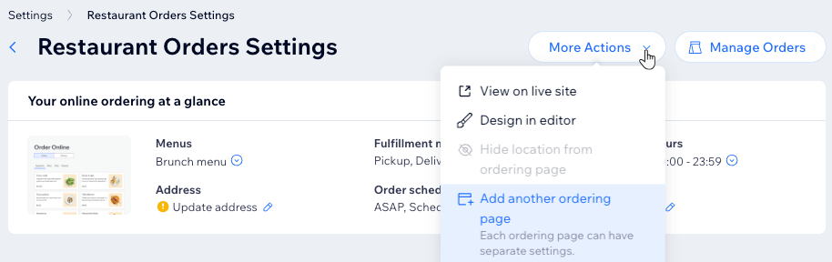 The Restaurants Orders Settings page in the Wix dashboard, clicking to add another ordering page