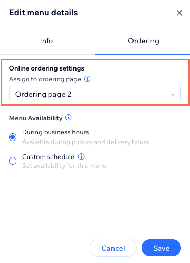 Editing a restaurant menu's details in the Wix dashboard, choosing which page should show the menu
