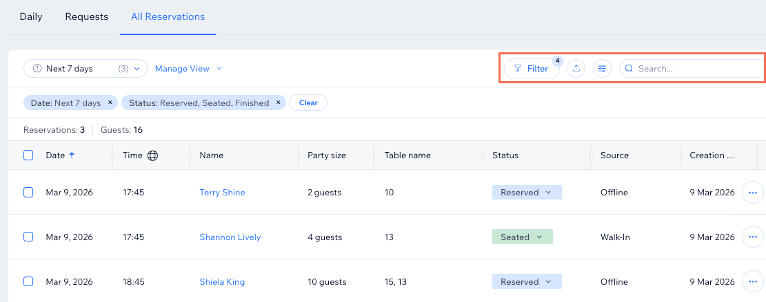 The Table Reservations list in the Wix dashboard, highlighting the filtering and search options