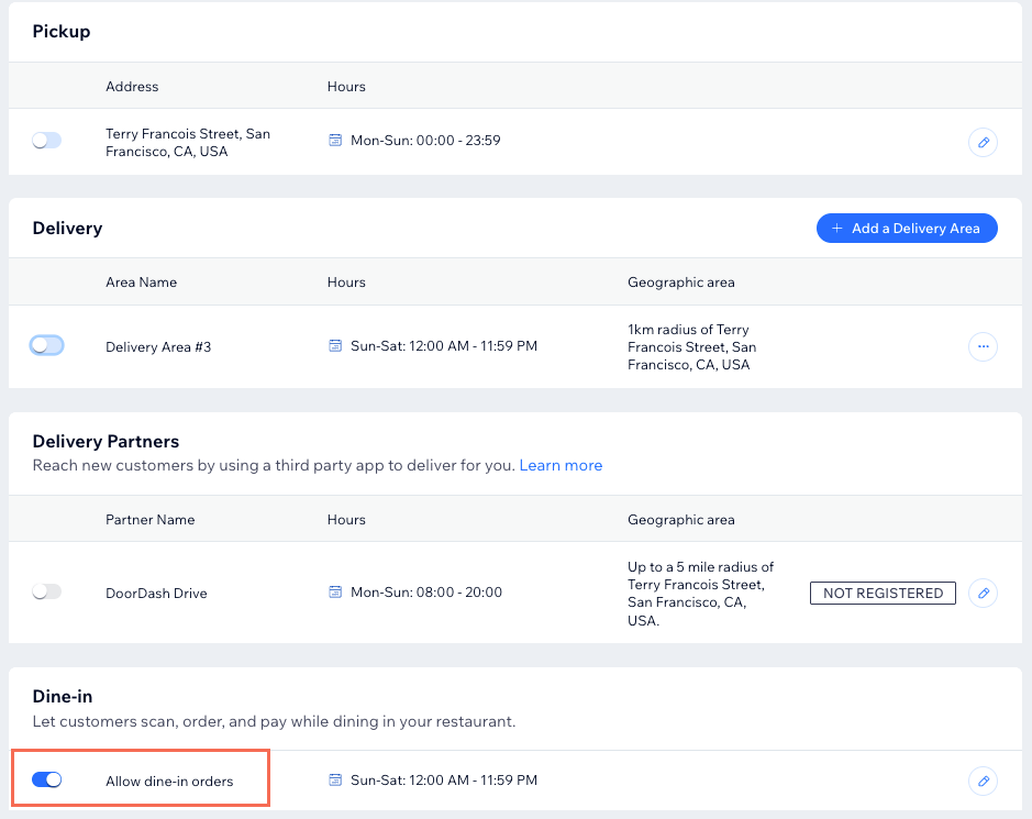 The pickup, delivery and dine-in settings page for the additional ordering page, only dine-in is turned on
