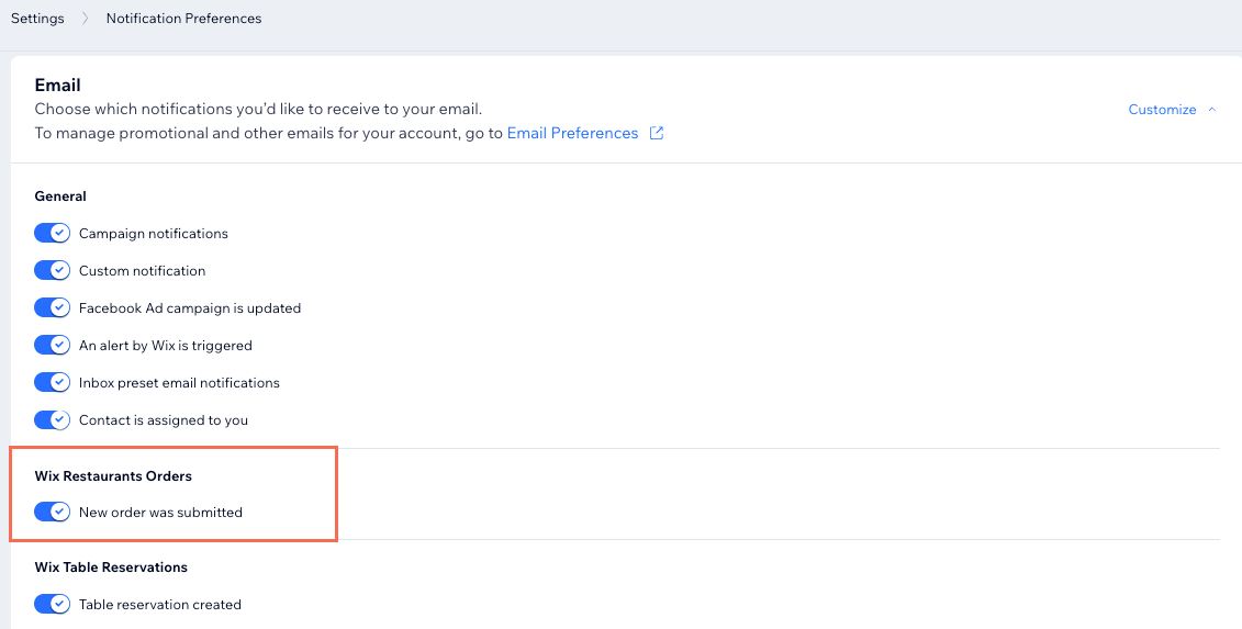 Email notifications area, highlighting the notification about new orders