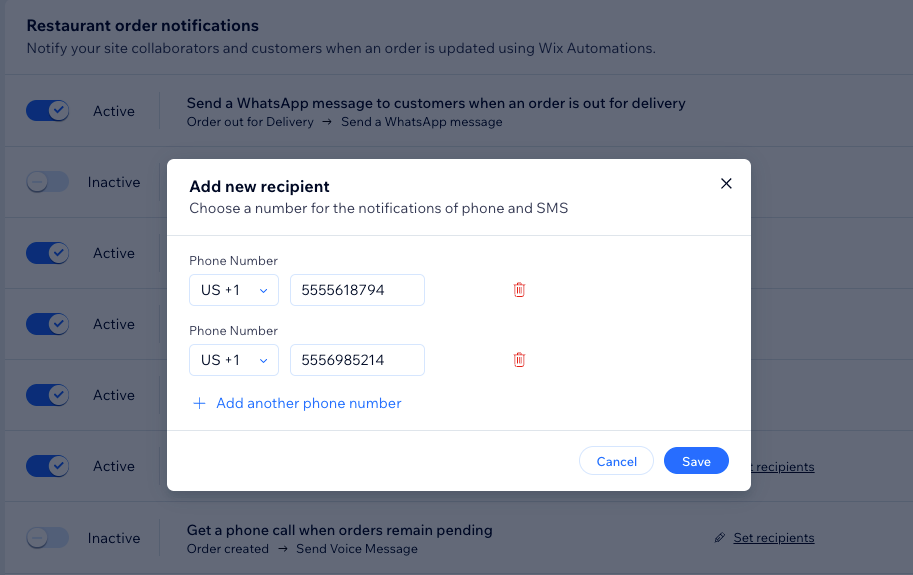Add new recipient popup in the restaurants notifications section, adding phone numbers to a notification
