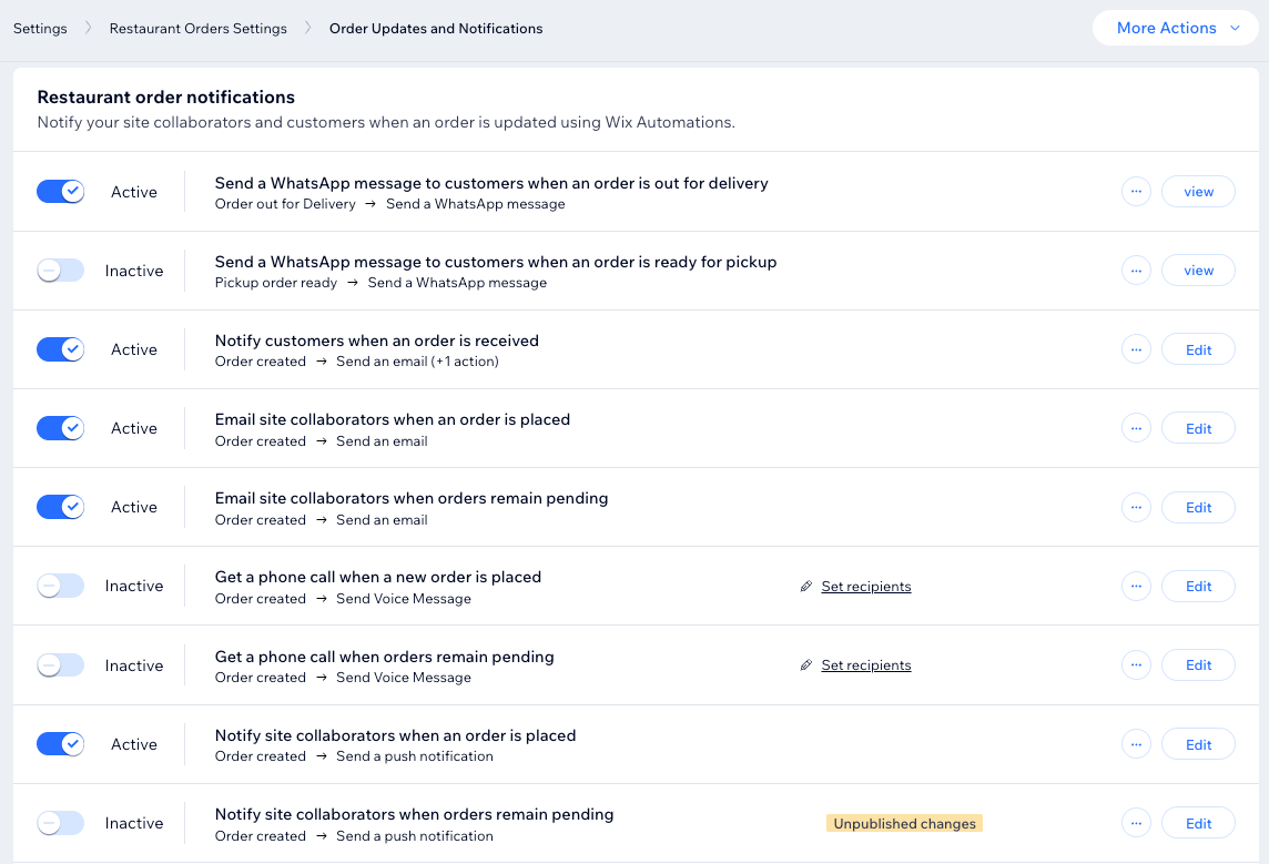 A screenshot of the pre-installed notifications for restaurant orders.