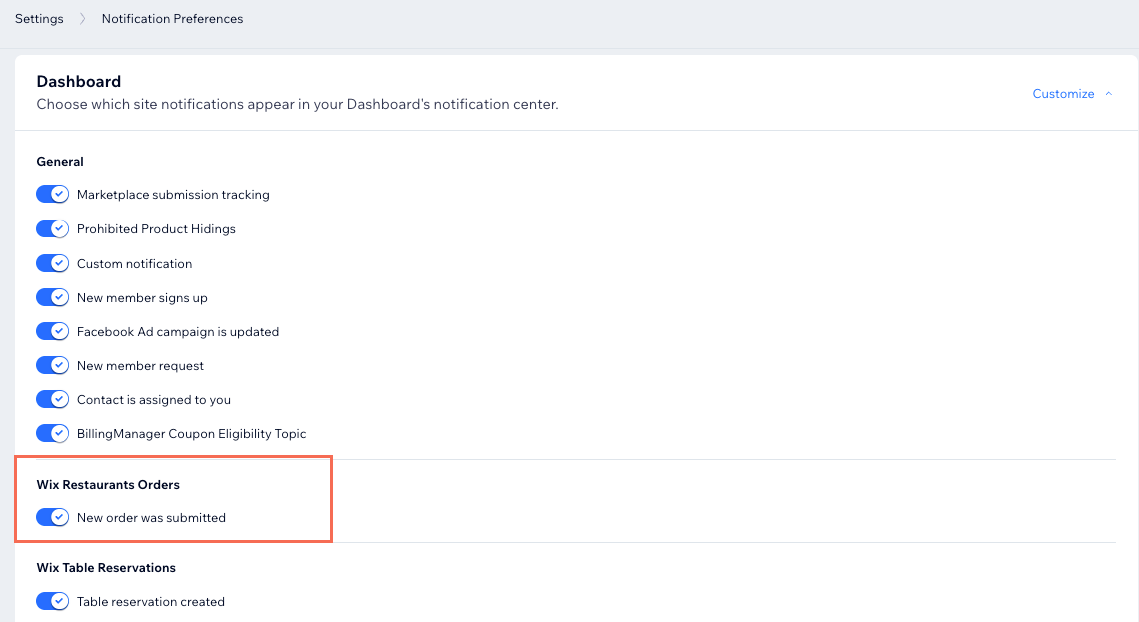 dashboard notifications area, highlighting the notification about new orders
