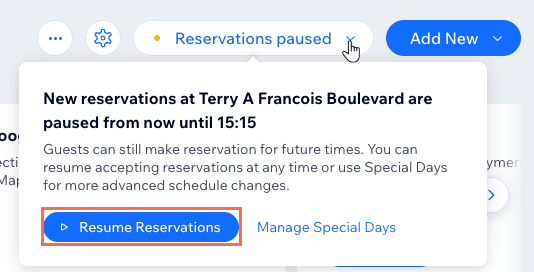 Clicking to resume online reservations after a pause