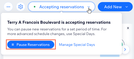 Online Orders dashboard - clicking the Accepting reservations status to pause it