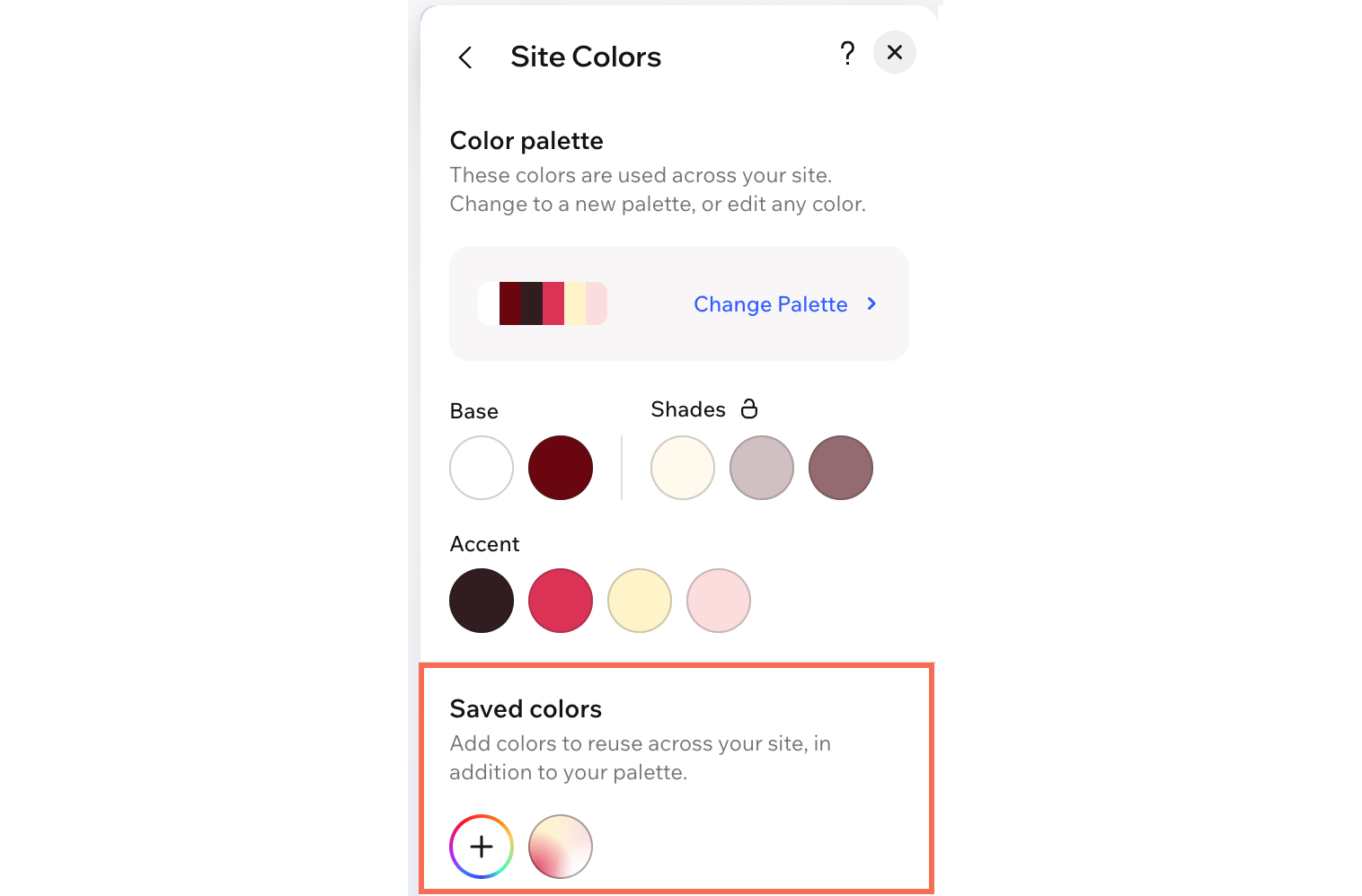 Sezione Colori sito del pannello Brand su Wix Harmony, che evidenzia l'area dei colori salvati con il gradiente salvato
