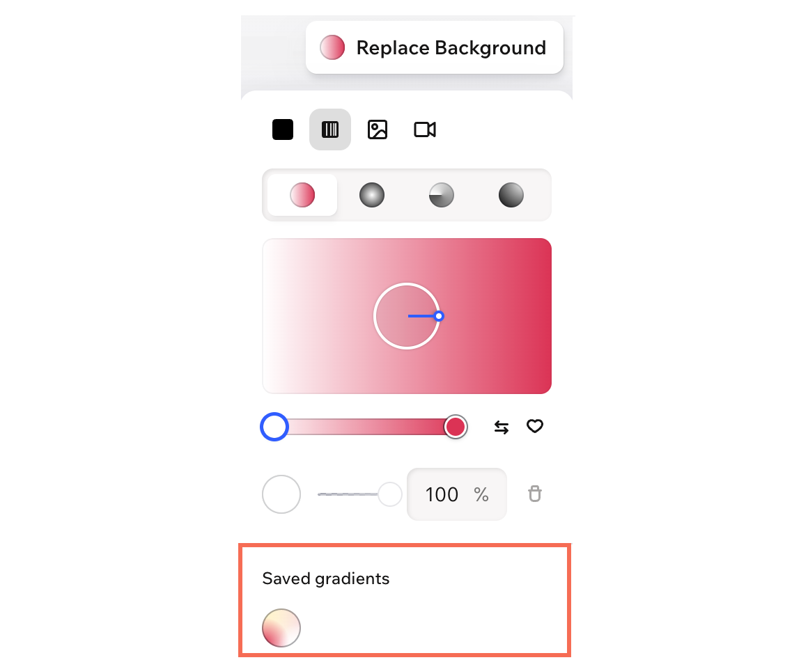 Pannello di sfondo con gradiente nell'Editor Wix Harmony, che evidenzia il gradiente salvato