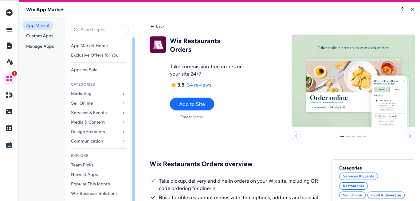 A screenshot of the Wix Editor with the Wix Restaurants Orders app in the Wix App Market open.