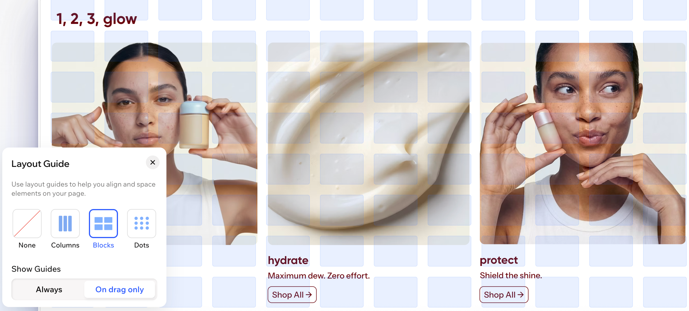 Una sección de la página y el panel de guías de estilo en Wix Harmony, el estilo Bloques está seleccionado