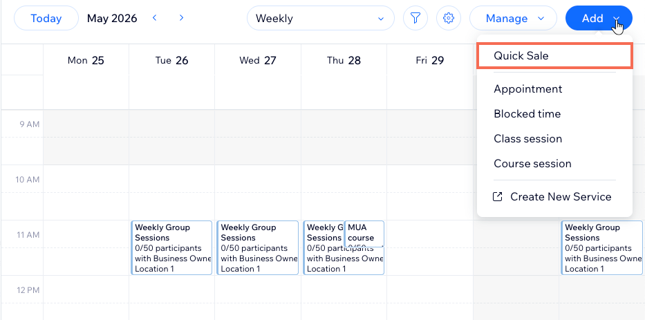 The Booking Calendar in the Wix dashboard, clicking to add a new quick sale
