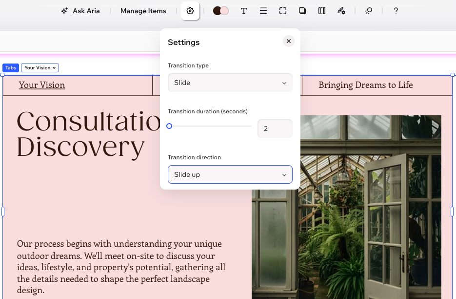 The tabs element in the Wix Harmony Editor and its Settings panel, selecting the Slide transition between tabs