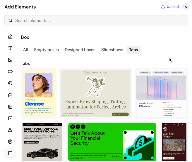 The Tabs section of the Add Elements panel in the Wix Harmony Editor