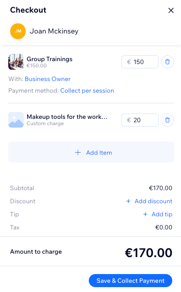 The checkout screen for a quick sale in the Booking Calendar, an appointment and a custom charge were added