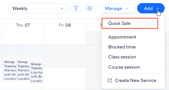 the booking calendar in Wix, clicking to add a quick sale