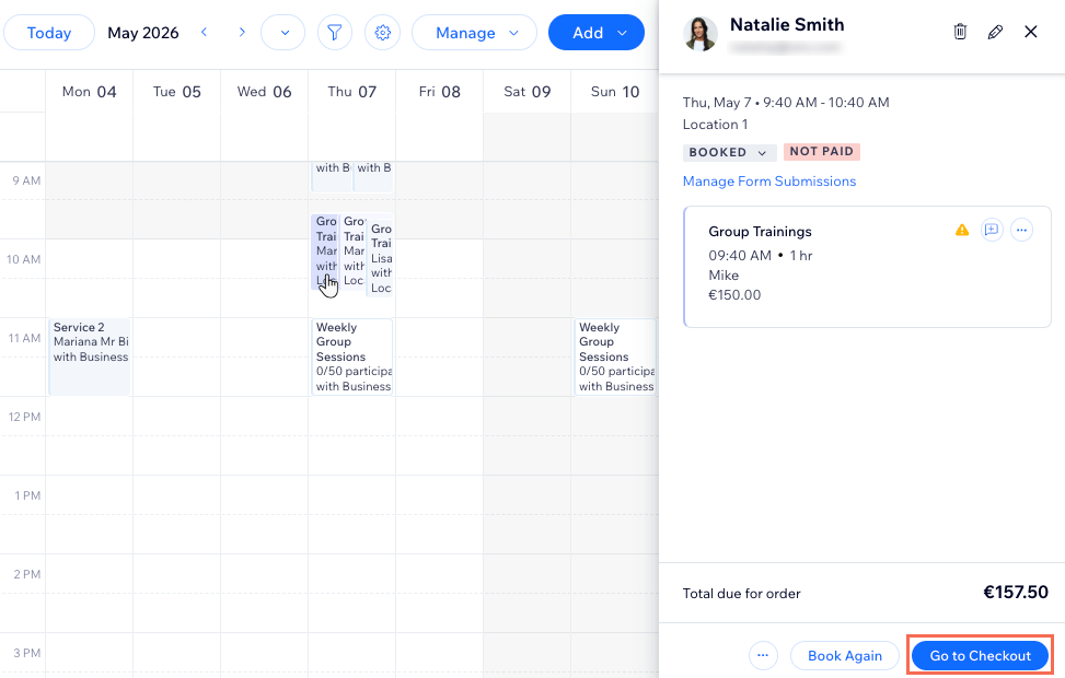 An existing appointment is clicked in the booking calendar, the side panel shows client details and leads to payment