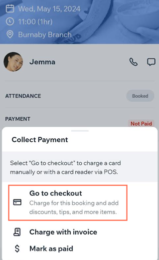 The payment collection options in the booking calendar in the Wix mobile app