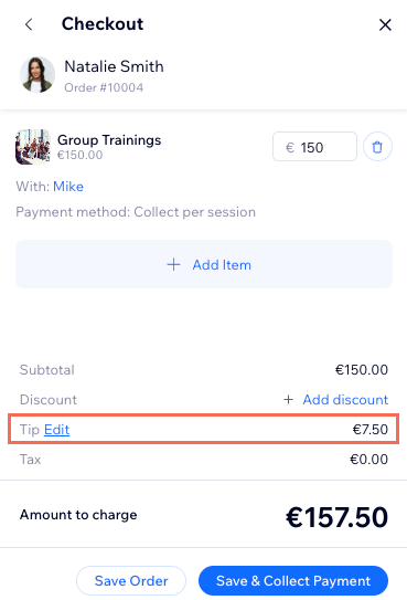 A client's checkout screen, showing a tip has been applied and added to the total