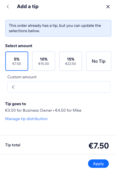 The screen where you add a tip when collecting payment for a quick sale or existing booking service