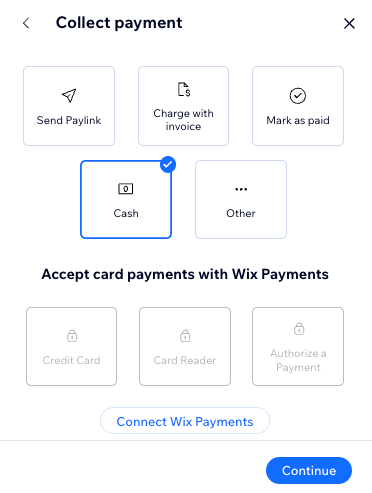 The payment collection options that appear when charging a client from the booking calendar