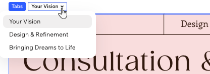 The dropdown that lets you navigate between tabs in the tab element in the Wix Harmony Editor
