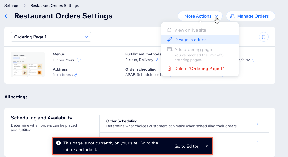 A screenshot of adding a new ordering page to the editor.