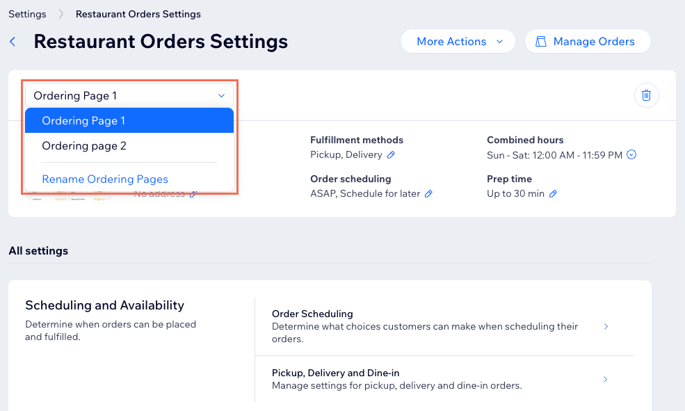 The Restaurant Orders Settings page, clicking the dropdown to switch between your ordering pages
