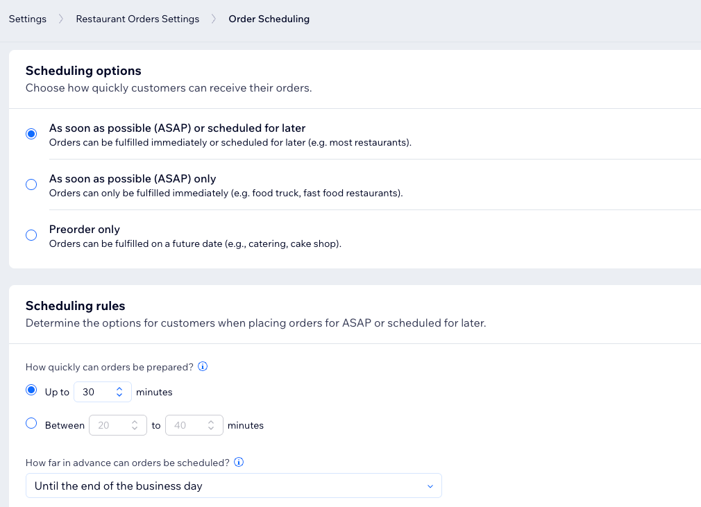 The order scheduling settings for a specific ordering page in Wix Restaurants